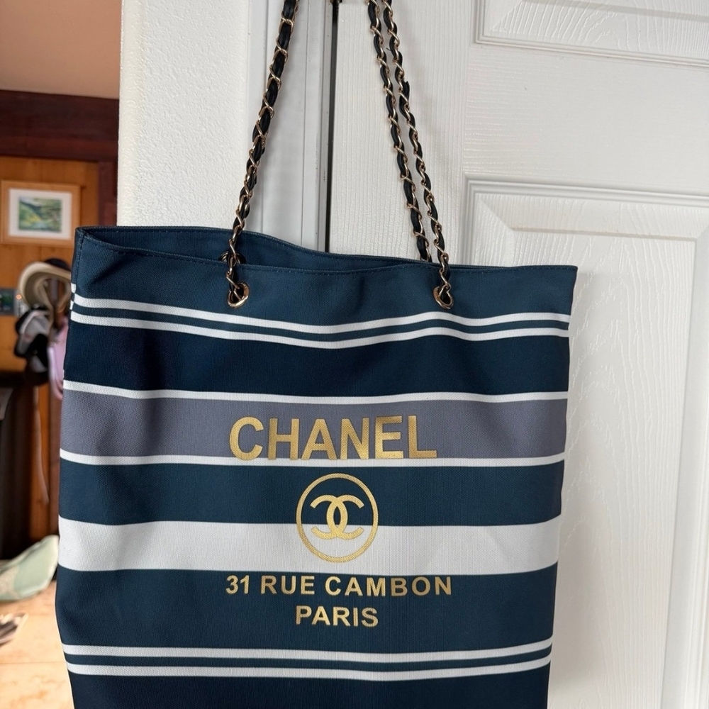 CHANEL Blue and White Striped Tote